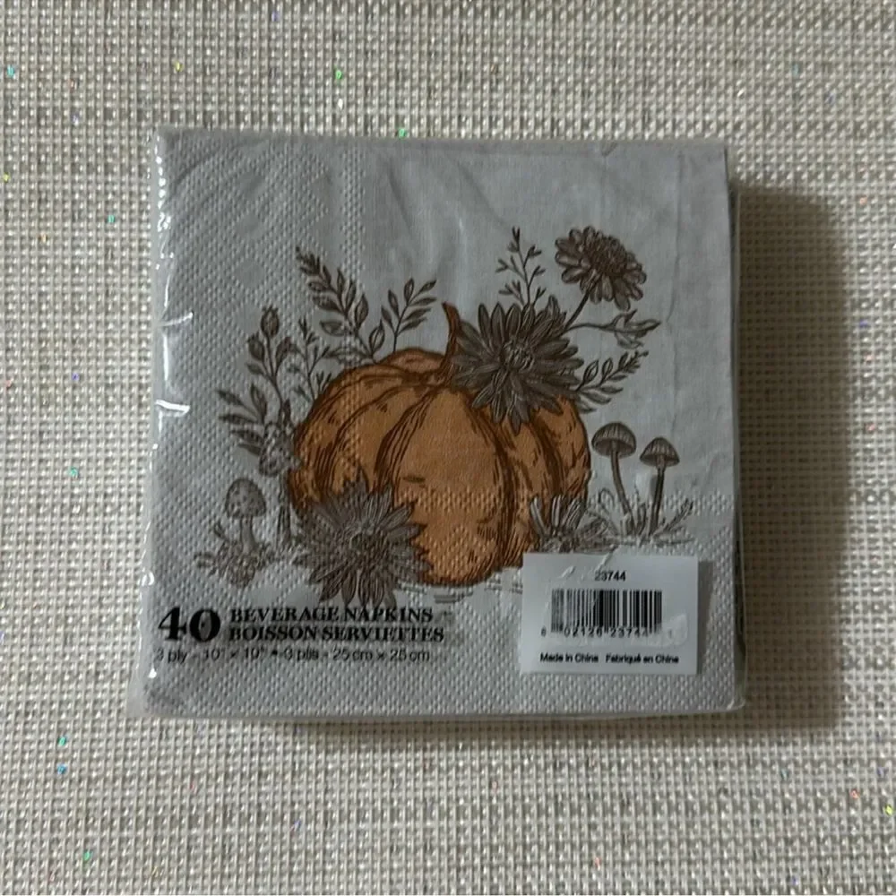 Punch Studio 40 Fall Harvest Pumpkin Square 3-ply Beige Brown Beverage Napkins
